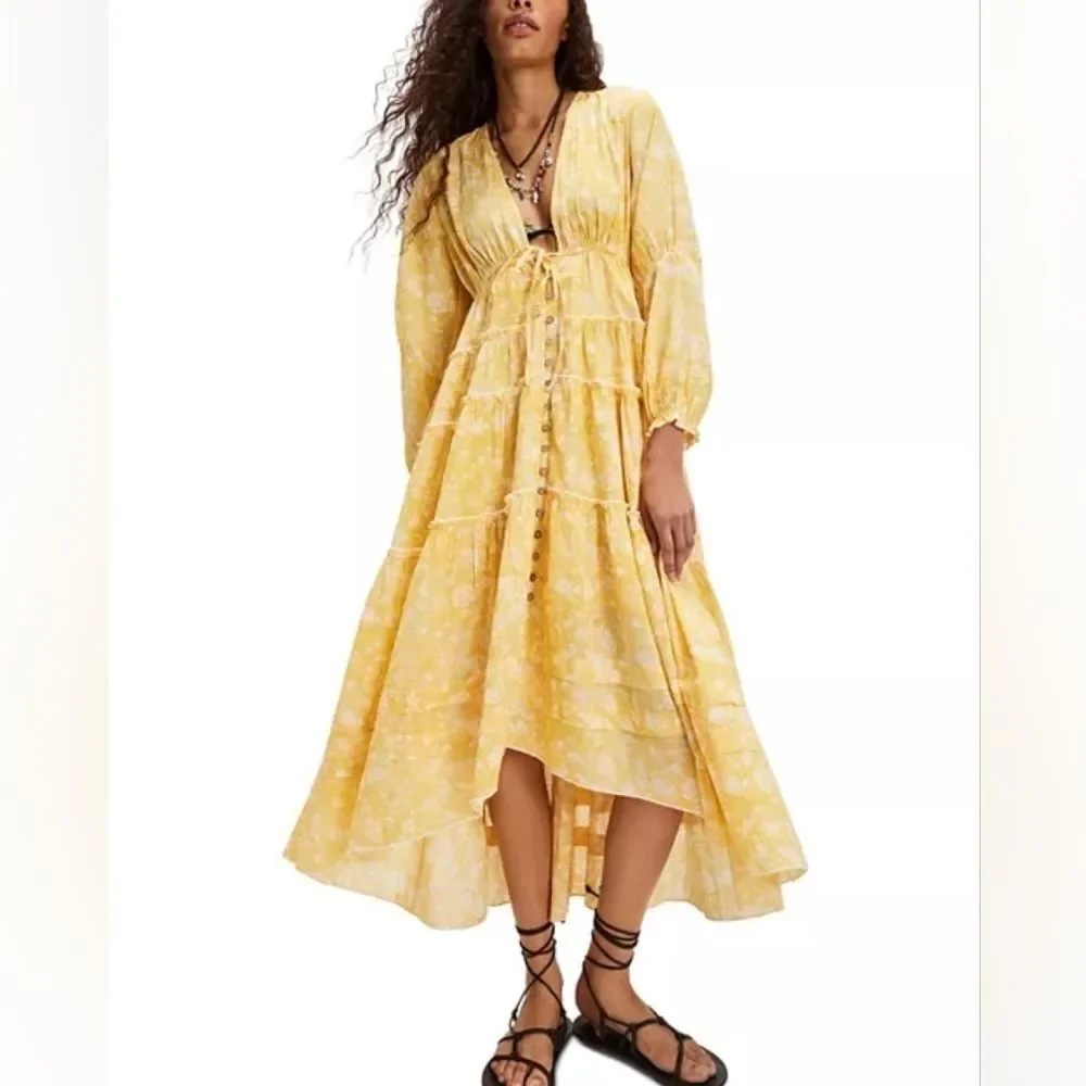 Free People Pappiet Floral Midi Dress Yellow Floral High Low Size XSmall